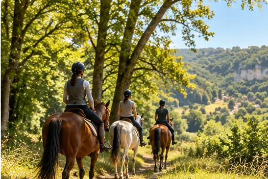 Reiter auf einem schattigen Weg in der grünen Landschaft des Périgord.