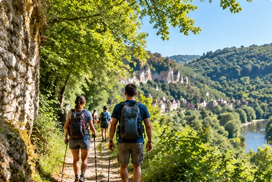 Zwei Wanderer auf einem schattigen Weg oberhalb eines Flusses in der Dordogne.