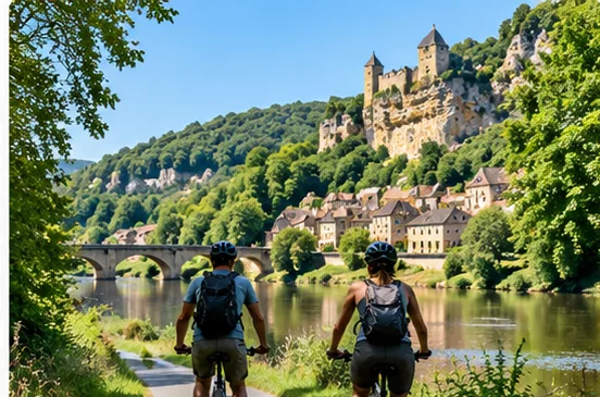 Radfahrer am Flussufer, mit Blick auf ein Dorf und ein Schloss im Périgord.