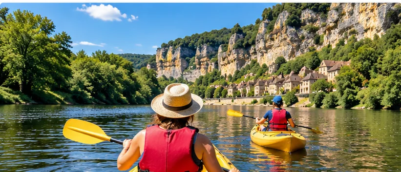 Kanufahren auf der Dordogne, zwischen Felsen und einem Dorf am Flussufer.
