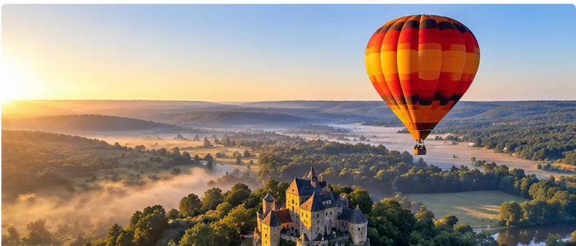 Heißluftballon über einem Schloss und der hügeligen Landschaft des Périgord.