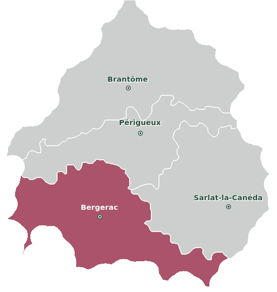 Map of the Dordogne showing the Périgord Pourpre in the southwestern part of the department