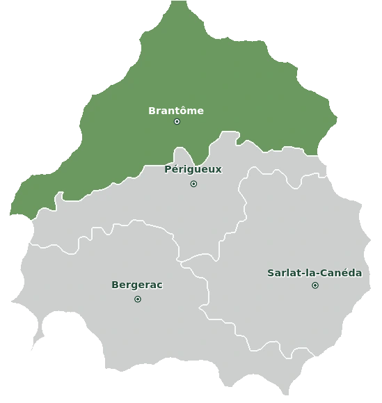 Map of the Dordogne showing the Périgord Vert in the northern part of the department