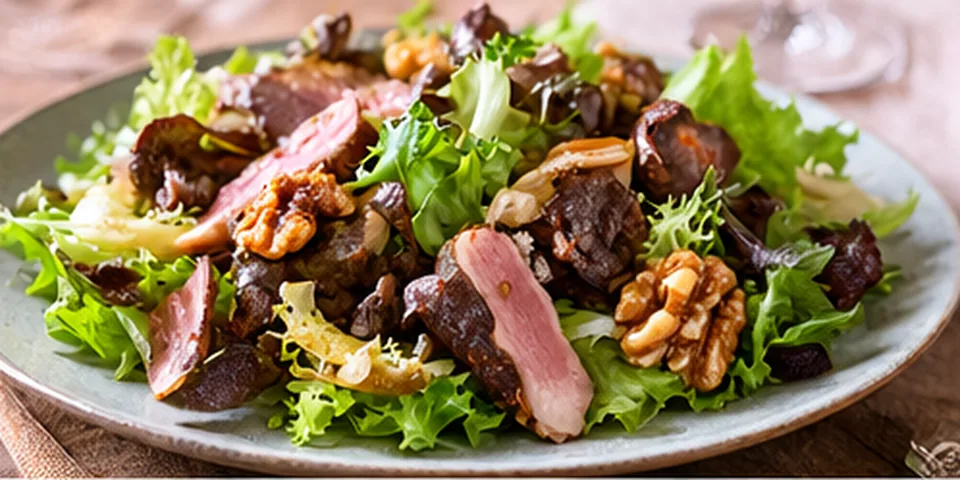 Périgord salad with duck gizzards, walnuts, and croutons.