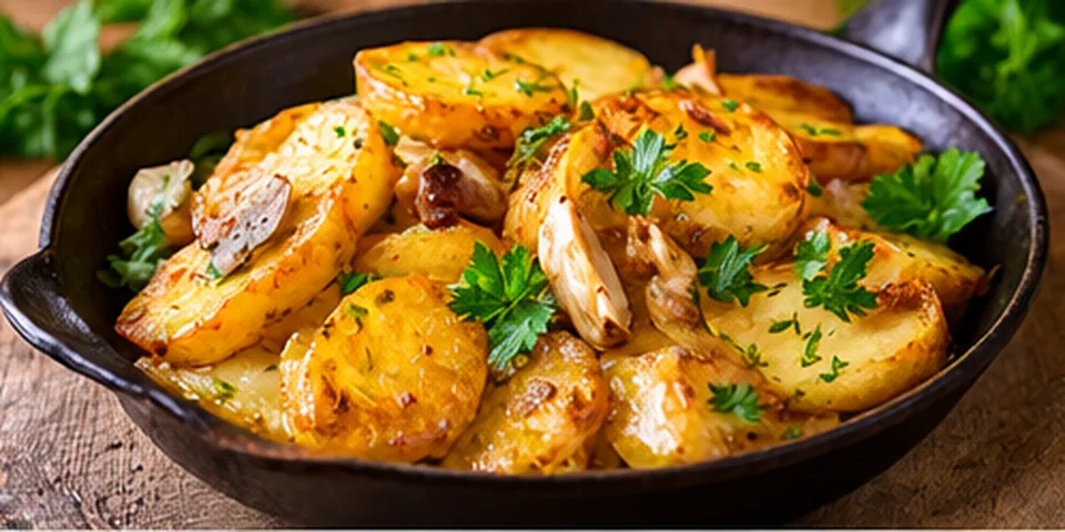Sarladaise potatoes browned in duck fat, with garlic and parsley.