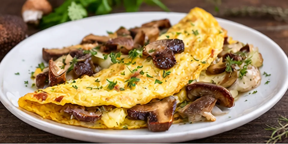 A golden omelet topped with sautéed porcini mushrooms and parsley.