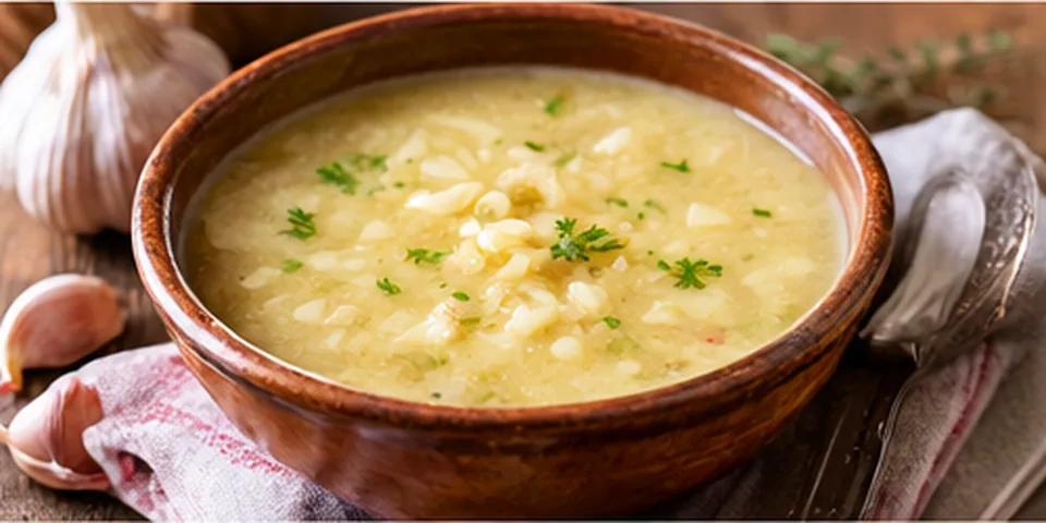 A bowl of garlic-flavored Tourin, hot egg soup, and bread.
