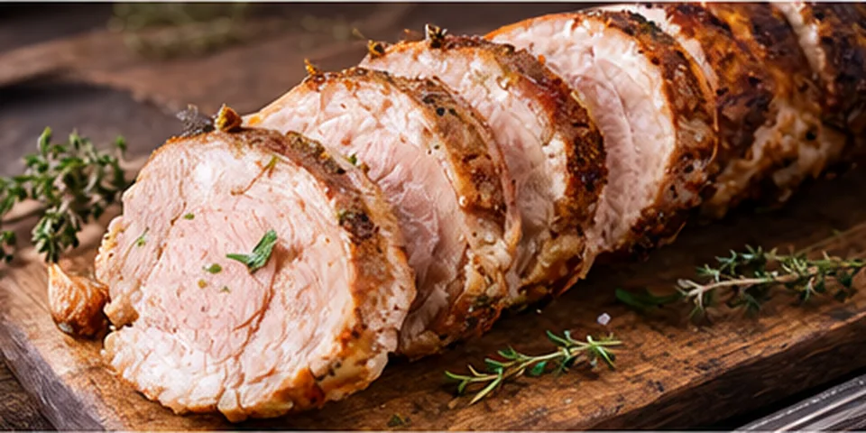 Roasted and sliced pork loin, served with herbs.