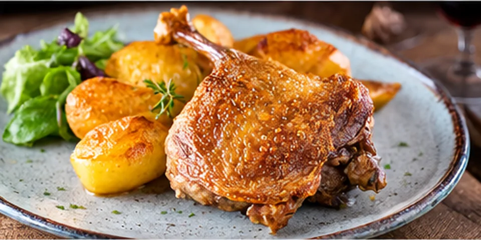 Confit duck leg served with golden potatoes.