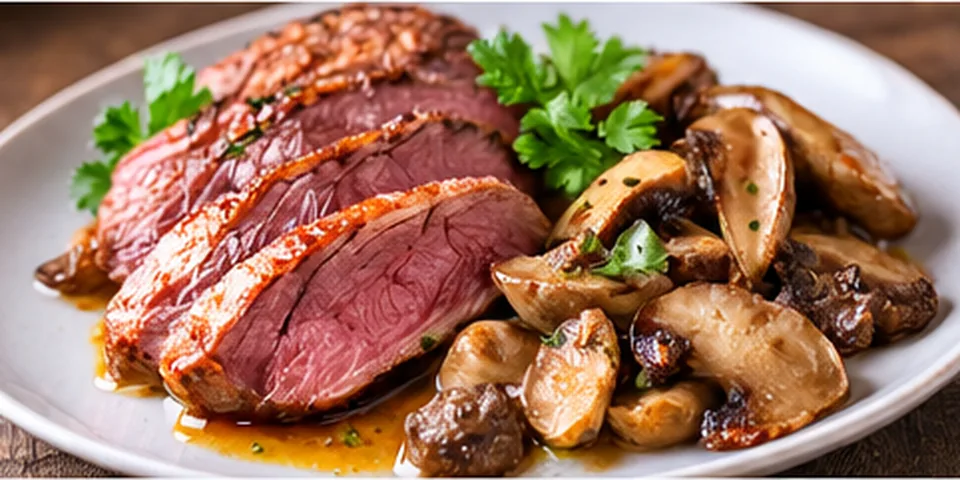 Sliced duck breast served with pan-seared porcini mushrooms.
