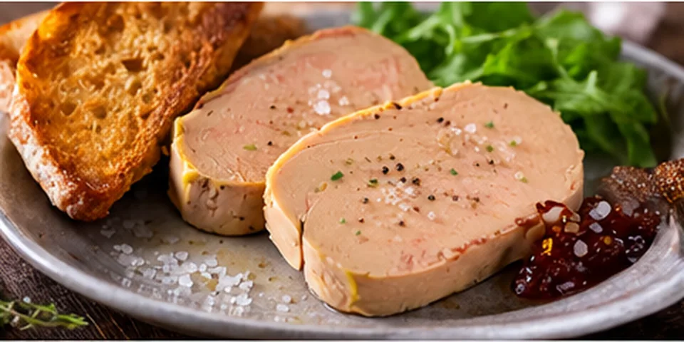 Semi-cooked foie gras, sliced, served with bread and a side dish.