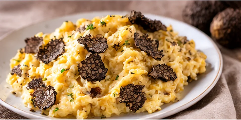 Creamy scrambled eggs with black truffle shavings.