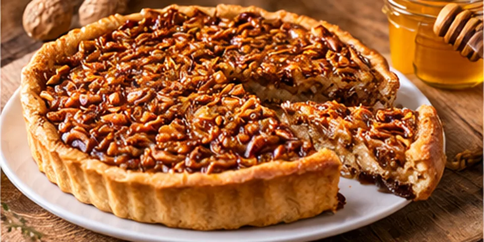 Golden walnut and honey tart, topped with walnut halves.