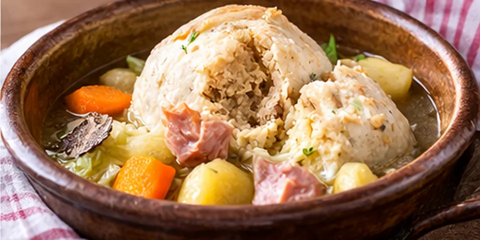 Lifted mique served with salted pork and vegetables in broth.