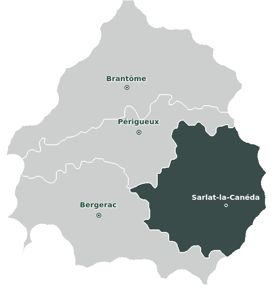 Map of the Dordogne showing the Périgord Noir in the southeastern part of the department