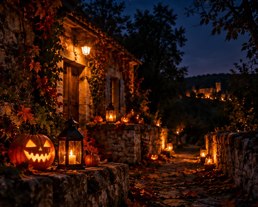 Illustration nocturne d’une ruelle éclairée de lanternes et de citrouilles d’Halloween